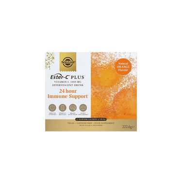 Solgar's Ester-C Plus Vitamin C offers 24-hour immune system support with its natural orange-flavored, vegan, and caffeine-free effervescent drink enriched with B vitamins. This convenient formula comes in a box containing 21 powder sachets of 10.6g each.
